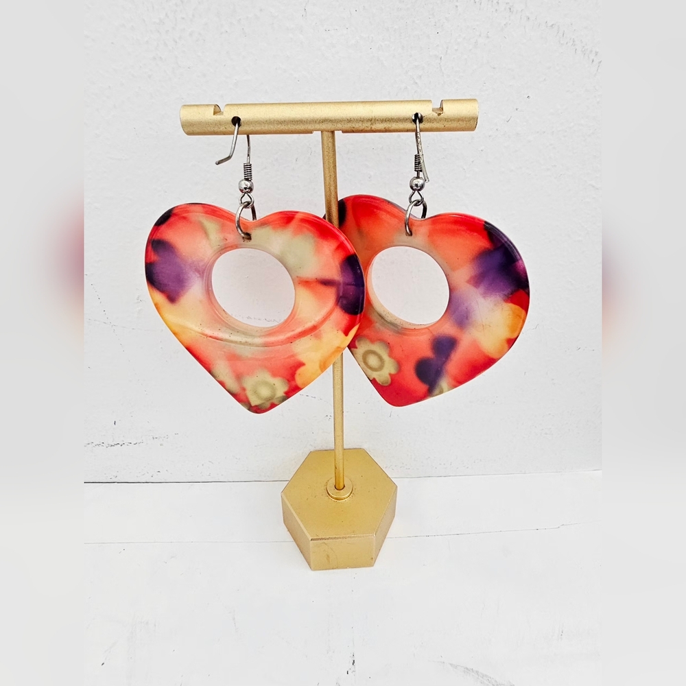 Heart-Shaped Floral psychedelic Earrings - Multicolor - Picture 7 of 7